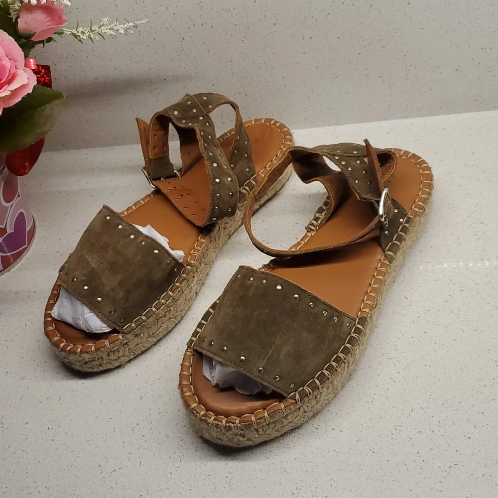 ALOHAS Olive Green Suede Leather Espadrille Sandals (sz 6)
